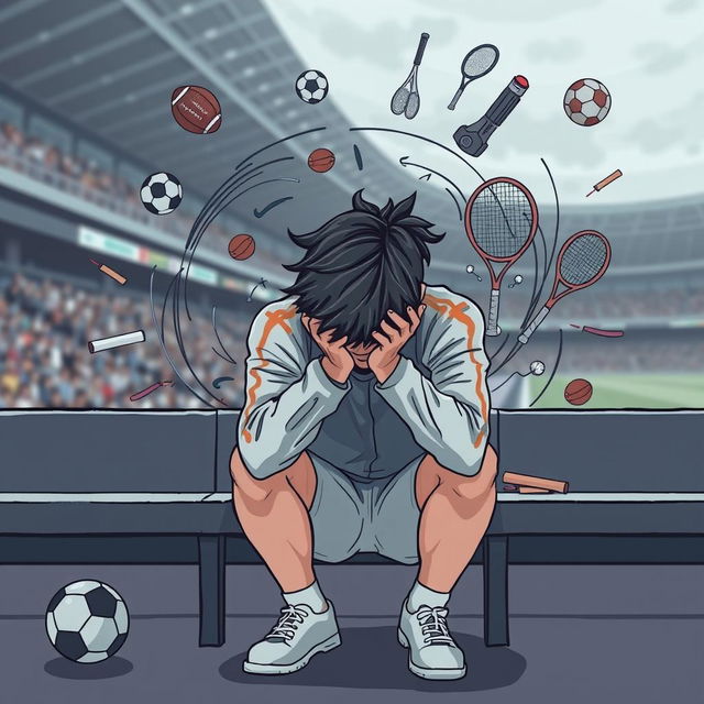 An illustrative depiction of mental fatigue in a sports context, featuring an athlete sitting on a bench looking exhausted, with their head resting on their hands