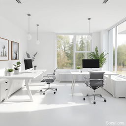 a minimalist and elegant office space designed for two people, featuring sleek white desks, contemporary office chairs, a subtle color palette of soft grays and whites, and large windows allowing natural light to flood the room