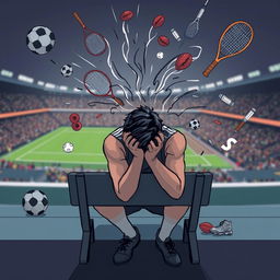 An illustrative depiction of mental fatigue in a sports context, featuring an athlete sitting on a bench looking exhausted, with their head resting on their hands