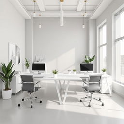 a minimalist and elegant office space designed for two people, featuring sleek white desks, contemporary office chairs, a subtle color palette of soft grays and whites, and large windows allowing natural light to flood the room