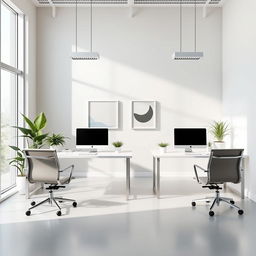 a minimalist and elegant office space designed for two people, featuring sleek white desks, contemporary office chairs, a subtle color palette of soft grays and whites, and large windows allowing natural light to flood the room