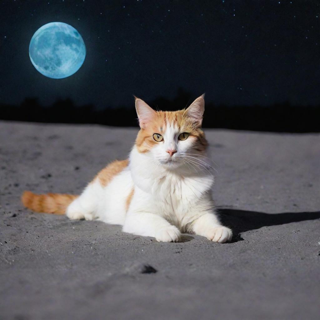 A charming cat gracefully lounging atop the glistening surface of the moon under the brilliant cosmos.