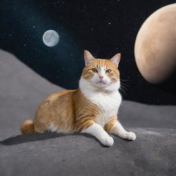 A charming cat gracefully lounging atop the glistening surface of the moon under the brilliant cosmos.