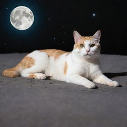 A charming cat gracefully lounging atop the glistening surface of the moon under the brilliant cosmos.