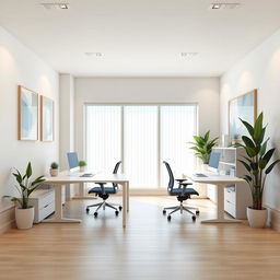 A modern, minimalist office space designed for two persons, set in a rectangular layout