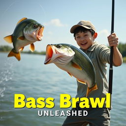 A dynamic, realistic fishing scene depicting a young Asian fisherman with narrow eyes and an enthusiastic expression, excitedly holding a rod as a large bass leaps from the water