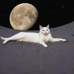 A charming cat gracefully lounging atop the glistening surface of the moon under the brilliant cosmos.