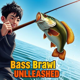 A dynamic, realistic fishing scene depicting a young Asian fisherman with narrow eyes and an enthusiastic expression, excitedly holding a rod as a large bass leaps from the water