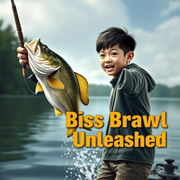 A dynamic, realistic fishing scene depicting a young Asian fisherman with narrow eyes and an enthusiastic expression, excitedly holding a rod as a large bass leaps from the water