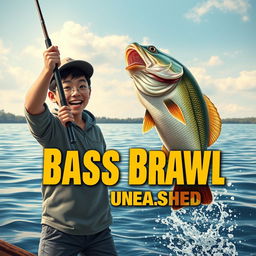 A dynamic, realistic fishing scene depicting a young Asian fisherman with narrow eyes and an enthusiastic expression, excitedly holding a rod as a large bass leaps from the water