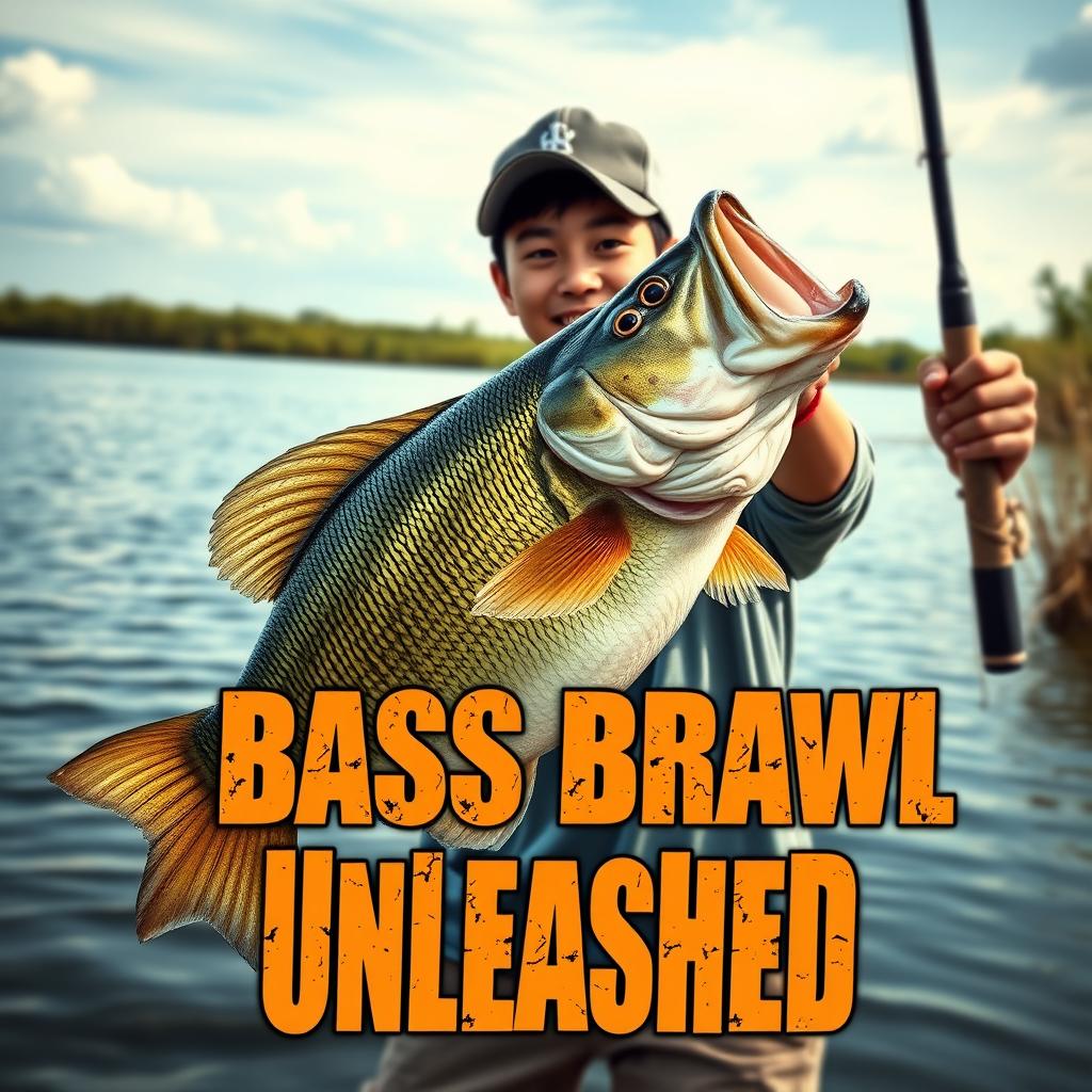 A dynamic, realistic fishing scene featuring a young Asian fisherman with narrow eyes, showcasing an enthusiastic expression as he holds a rod with a large, jumping bass