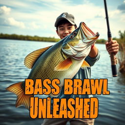 A dynamic, realistic fishing scene featuring a young Asian fisherman with narrow eyes, showcasing an enthusiastic expression as he holds a rod with a large, jumping bass