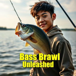 A dynamic, realistic fishing scene featuring a young Asian fisherman with narrow eyes, showcasing an enthusiastic expression as he holds a rod with a large, jumping bass