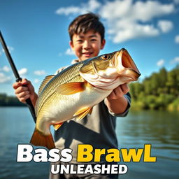 A dynamic, realistic fishing scene featuring a young Asian fisherman with narrow eyes, showcasing an enthusiastic expression as he holds a rod with a large, jumping bass