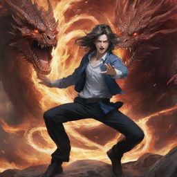 Anime-style boy with flowing long hair in a dynamic pose, clashing with a fearsome dragon. Both are surrounded by intense energy.