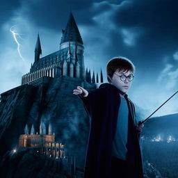 Harry Potter, a young wizard with signature glasses, lightning bolt-shaped scar, and holding a magic wand, towards the backdrop of Hogwarts School of Witchcraft and Wizardry at moonlit night.