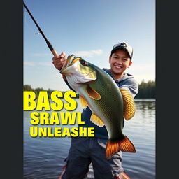 A dynamic, realistic fishing scene featuring a young Asian fisherman with narrow eyes, showcasing an enthusiastic expression as he holds a rod with a large, jumping bass