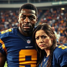 A professional football player with dark skin, wearing a blue jersey featuring a horizontal yellow stripe across the center