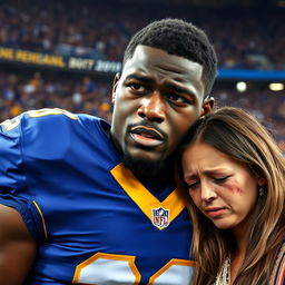 A professional football player with dark skin, wearing a blue jersey featuring a horizontal yellow stripe across the center