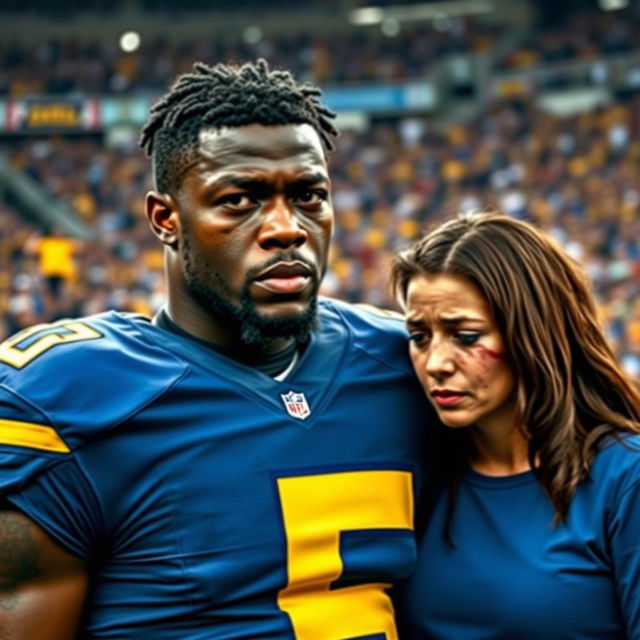 A professional football player with dark skin, wearing a blue jersey featuring a horizontal yellow stripe across the center