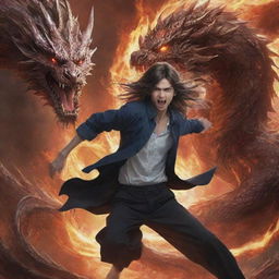 Anime-style boy with flowing long hair in a dynamic pose, clashing with a fearsome dragon. Both are surrounded by intense energy.