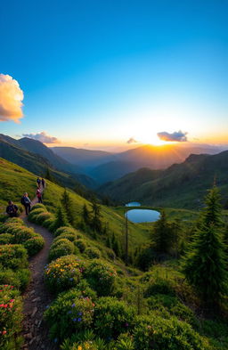 A breathtaking view of the Kawi-Butak mountain landscape featuring lush green hills, rugged peaks, and a clear blue sky