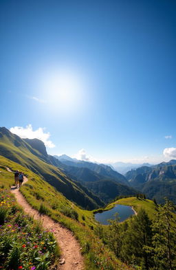 A breathtaking view of the Kawi-Butak mountain landscape featuring lush green hills, rugged peaks, and a clear blue sky