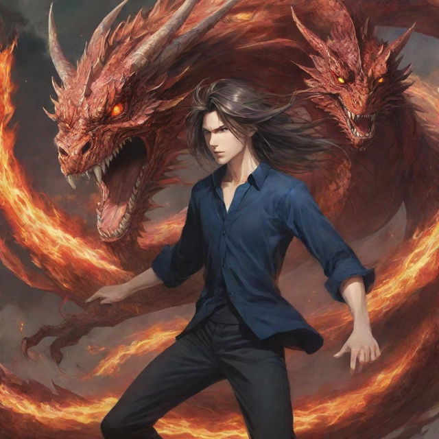 Anime-style boy with flowing long hair in a dynamic pose, clashing with a fearsome dragon. Both are surrounded by intense energy.