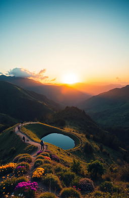 A breathtaking view of the Kawi-Butak mountain landscape featuring lush green hills, rugged peaks, and a clear blue sky