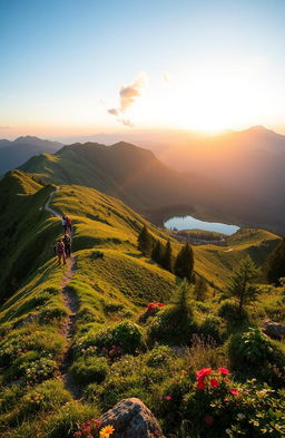 A breathtaking view of the Kawi-Butak mountain landscape featuring lush green hills, rugged peaks, and a clear blue sky