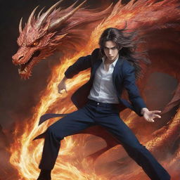 Anime-style boy with flowing long hair in a dynamic pose, clashing with a fearsome dragon. Both are surrounded by intense energy.