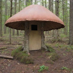 Create an image of a single-person survival shelter, inspired by the shape and structure of a mushroom. The shelter should be made of lightweight, durable, and recyclable materials capable of providing insulation against harsh conditions.