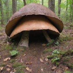 Create an image of a single-person survival shelter, inspired by the shape and structure of a mushroom. The shelter should be made of lightweight, durable, and recyclable materials capable of providing insulation against harsh conditions.