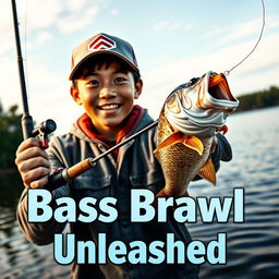 A dynamic, realistic fishing scene featuring a young Asian fisherman with narrow eyes and an enthusiastic expression, celebrating a caught bass