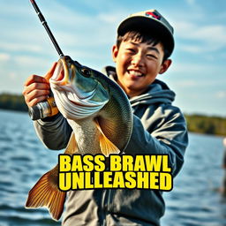 A dynamic, realistic fishing scene featuring a young Asian fisherman with narrow eyes and an enthusiastic expression, celebrating a caught bass