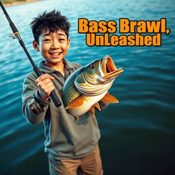 A dynamic, realistic fishing scene featuring a young Asian fisherman with narrow eyes and an enthusiastic expression, celebrating a caught bass