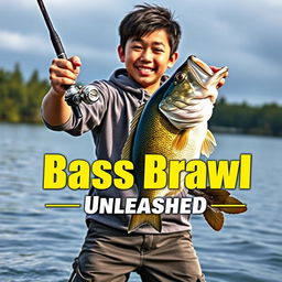 A dynamic, realistic fishing scene featuring a young Asian fisherman with narrow eyes and an enthusiastic expression, celebrating a caught bass