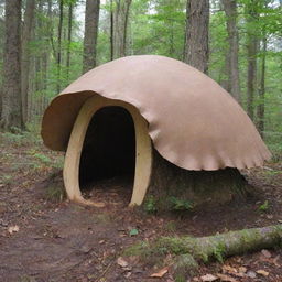 Create an image of a single-person survival shelter, inspired by the shape and structure of a mushroom. The shelter should be made of lightweight, durable, and recyclable materials capable of providing insulation against harsh conditions.