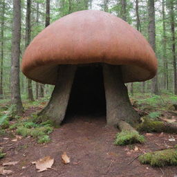 Create an image of a single-person survival shelter, inspired by the shape and structure of a mushroom. The shelter should be made of lightweight, durable, and recyclable materials capable of providing insulation against harsh conditions.