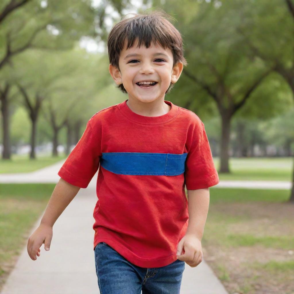 A happy, energetic boy named Andres playing in a sunny park, with short dark hair and brown eyes, wearing his favorite red shirt and blue jeans.