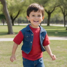 A happy, energetic boy named Andres playing in a sunny park, with short dark hair and brown eyes, wearing his favorite red shirt and blue jeans.