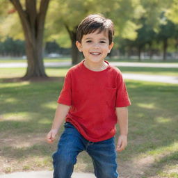 A happy, energetic boy named Andres playing in a sunny park, with short dark hair and brown eyes, wearing his favorite red shirt and blue jeans.