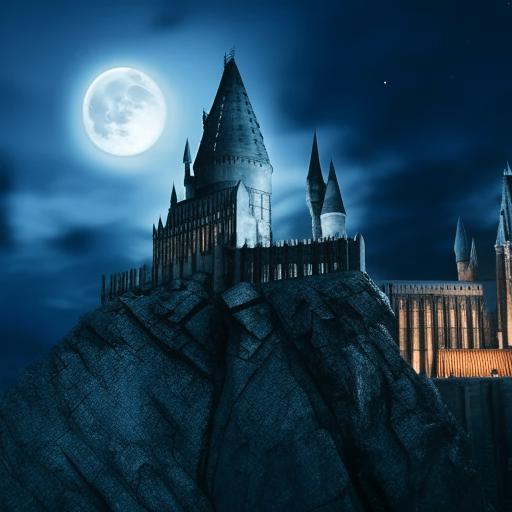 Harry Potter, a young wizard with signature glasses, lightning bolt-shaped scar, and holding a magic wand, towards the backdrop of Hogwarts School of Witchcraft and Wizardry at moonlit night.