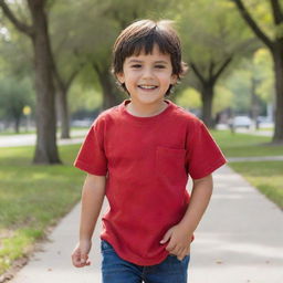 A happy, energetic boy named Andres playing in a sunny park, with short dark hair and brown eyes, wearing his favorite red shirt and blue jeans.