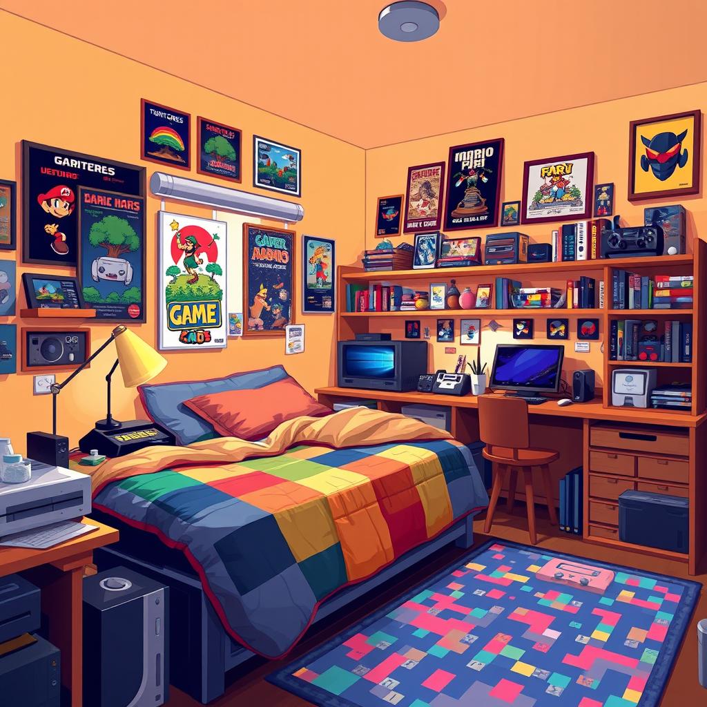 A cozy guy's room filled with warm colors and inviting atmosphere, featuring pixel art style decorations