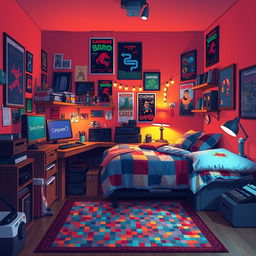 A cozy guy's room filled with warm colors and inviting atmosphere, featuring pixel art style decorations