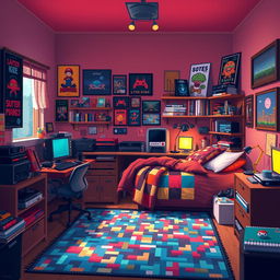 A cozy guy's room filled with warm colors and inviting atmosphere, featuring pixel art style decorations