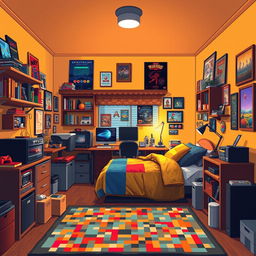 A cozy guy's room filled with warm colors and inviting atmosphere, featuring pixel art style decorations