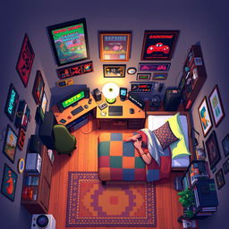 A top-down view of a cozy guy's room with a warm atmosphere, rendered in pixel art style