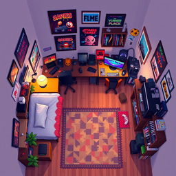 A top-down view of a cozy guy's room with a warm atmosphere, rendered in pixel art style